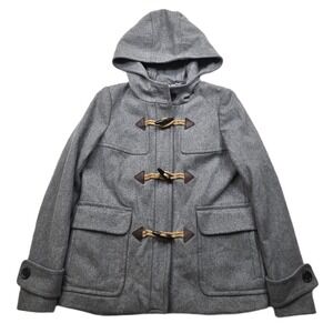 J Crew Duffle Coat Womens XS 0‎ Grey Melton Wool Italy Hood Toggle Peacoat